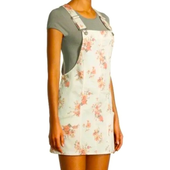 NO BOUNDARIES JUNIORS PINAFORE OVERALL DRESS WHITE FLORAL SIZE JRS XL - Picture 1 of 2